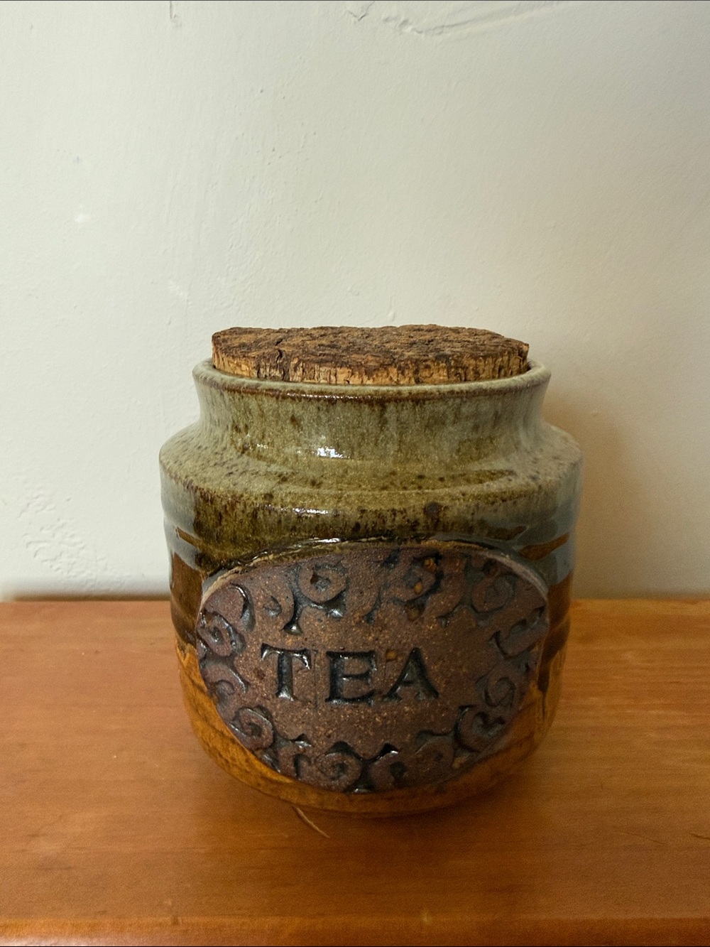 Ceramic Tea Canister with Cork Lid - Brown & Green